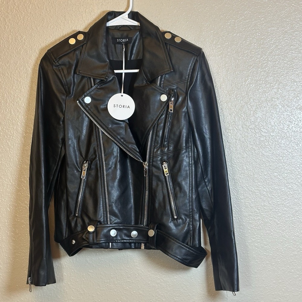 Storia Rare Faux Leather Moto Biker  Jacket Black Sample Piece Women's Sz S‎ NWT